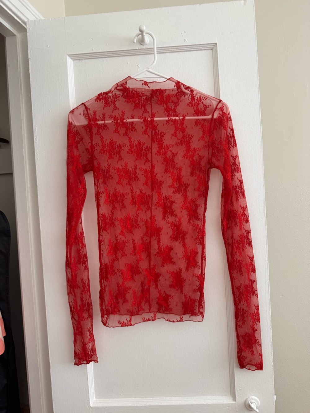 Free People Red Sheer Mesh Long-Sleeve Top